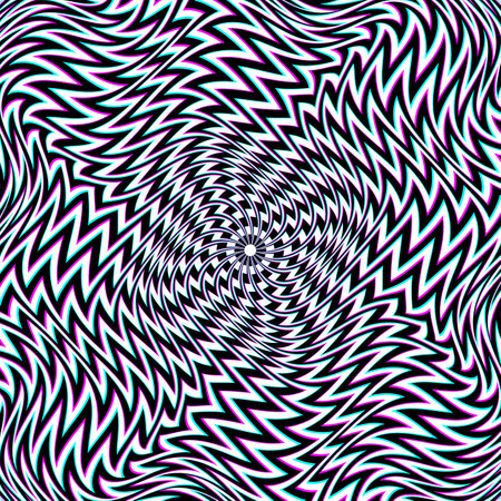 Optical art background of white black and cyan magenta distorted stripes. Psychedelic warped round ornament design.のイラスト素材
