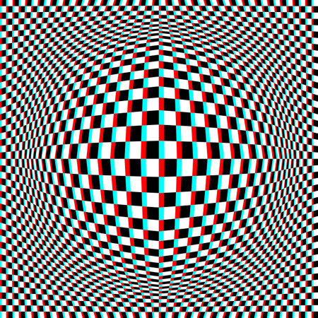 Optical art round bubble of white black and cyan red checkered pattern in anaglyph style. Psychedelic distorted square chess background design.のイラスト素材