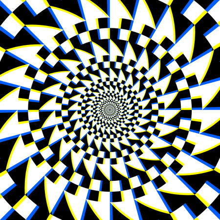 Geometric circular pattern with monochrome and colorful elements, creating a mesmerizing optical illusion effect.のイラスト素材
