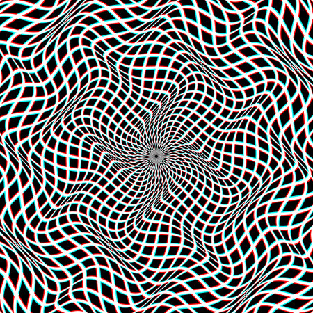 Optical art background of black and red cyan curved squares in a distorted circle. Psychedelic round...