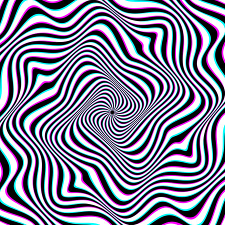 Optical art background of white black and cyan magenta wavy stripes twisted in a weird spiral. Psychedelic round ornament design.のイラスト素材