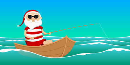 Santa fishing on boat in the ocean. vector illustration.のイラスト素材