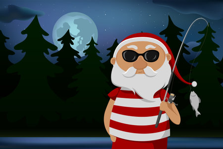 Santa caught fish. night fishing. vector illustration.のイラスト素材