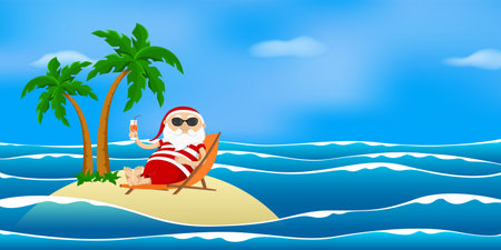 Santa resting on desert island in deck chair and drinking juice. vector illustration.のイラスト素材