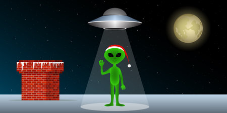 Alien and flying saucer on the roof. Christmas Eve. vector illustration.のイラスト素材