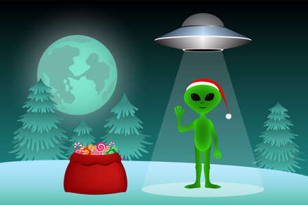Flying saucer and alien with bag of Christmas presents. vector illustration.のイラスト素材