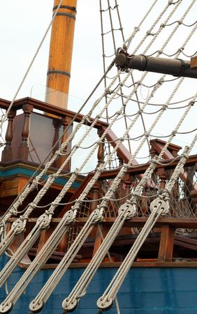 Detail of a rope ladder on a historic ship replicaの写真素材