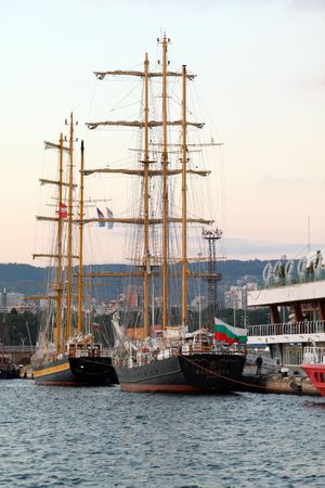 VARNA, BULGARIA - SEPTEMBER 29: STV KALIAKRA (R) returns to her home port after taking part in North Sea Tall Ships Regatta on September 29, 2010 in Varna, Bulgaria.のeditorial素材