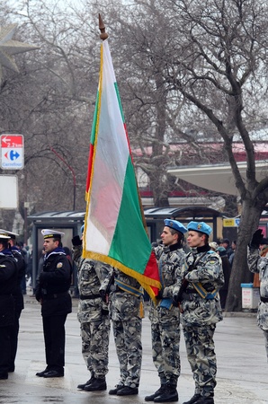VARNA, BULGARIA - JANUARY 6: Military parade in Varna, Epiphany water blessing of the Bulgarian Army flags on January 6, 2011 in Varna, Bulgariaのeditorial素材