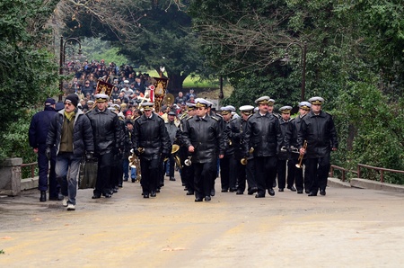 VARNA, BULGARIA - JANUARY 6: Military parade in Varna, Epiphany water blessing of the Bulgarian Army flags on January 6, 2011 in Varna, Bulgaria のeditorial素材