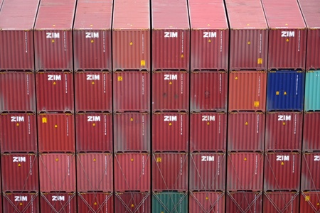 VARNA, BULGARIA - JANUARY 20: Cargo ship CALISTO (Flag: Liberia, IMO: 9306067) sails into Port of Varna-West to be loaded with containers on January 20, 2011 in Varna, Bulgaria.  Containers on board the ship seen from above. のeditorial素材