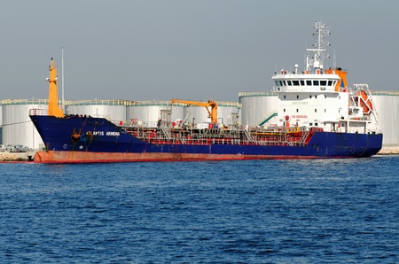 VARNA, BULGARIA - MARCH 14: Tank ship ATLANTIS ARMONA (Year Built: 2004, DeadWeight: 3517 t) moored at a special oil terminal in Port of Varna on March 14, 2010 in Varna, Bulgaria.のeditorial素材