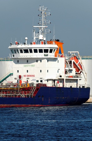 VARNA, BULGARIA - MARCH 14: Tank ship ATLANTIS ARMONA (Year Built: 2004, DeadWeight: 3517 t) moored at a special oil terminal in Port of Varna on March 14, 2010 in Varna, Bulgaria.のeditorial素材