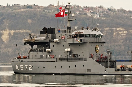 VARNA, BULGARIA - APR 08: Turkish tank ship TCG YZB. IHSAN TULUNAY (A-572) visits Port of Varna on April 08, 2011 in Varna, Bulgaria. The vessel is taking part in Starfish 2011 Naval exercise. のeditorial素材