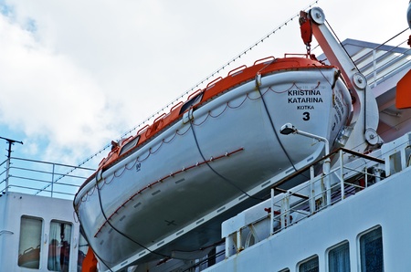 VARNA, BULGARIA - APR 22: Passenger ship KRISTINA KATARINA (Year Built: 1982, Flag: Finland) moored in Port of Varna on April 22, 2010 in Varna, Bulgaria. One of the lifeboats on board the ship. のeditorial素材