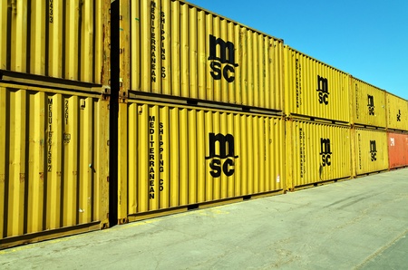 VARNA, BULGARIA - APR 22: Freight containers at the docks in Port of Varna ready for shipping on...