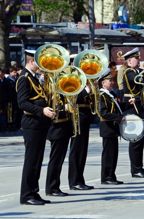 VARNA, BULGARIA - MAY 6: Unidentified members of the Official Navy marching band take part in a military parade on May 6, 2011 in Varna, Bulgaria. May 6, is the Day of the Bulgarian Army. のeditorial素材