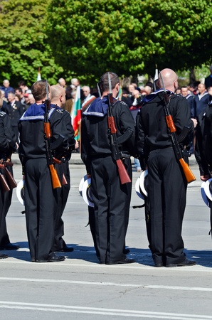 VARNA, BULGARIA - MAY 6: Unidentified sailors with "hats down" for the National anthem take part in a military parade on May 6, 2011 in Varna, Bulgaria. May 6, is the Day of the Bulgarian Army. のeditorial素材