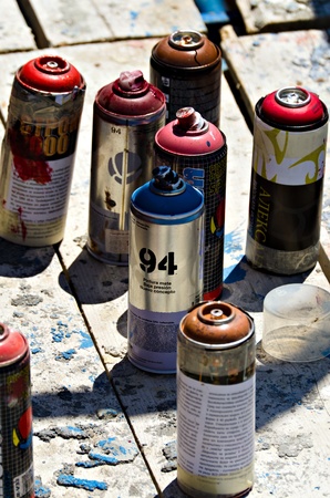 VARNA, BULGARIA - JUNE 2: Color spray cans used by graffiti artists at the "Creatures from Black Sea" Sprite Graffiti Jam in Port of Varna, on June 2, 2011 in Varna, Bulgaria.のeditorial素材