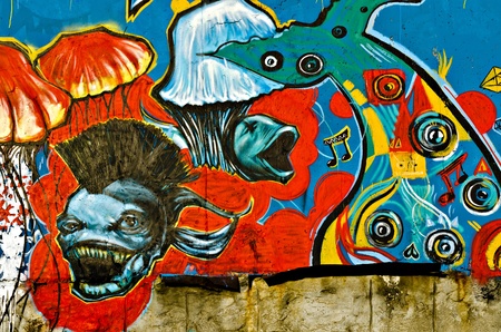 VARNA, BULGARIA - JUNE 5: Part of the eighty meters long graffiti painted on the breackwater wall at Port of Varna as part of the "Creatures from Black Sea" Sprite Graffiti Jam 2011 on June 5, 2011 in Varna, Bulgaria.のeditorial素材