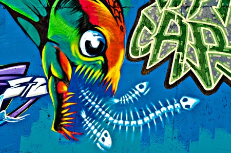 VARNA, BULGARIA - JUNE 5: Part of the eighty meters long graffiti painted on the breackwater wall at Port of Varna as part of the "Creatures from Black Sea" Sprite Graffiti Jam 2011 on June 5, 2011 in Varna, Bulgaria.のeditorial素材