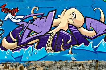 VARNA, BULGARIA - JUNE 5: Part of the eighty meters long graffiti painted on the breackwater wall at Port of Varna as part of the "Creatures from Black Sea" Sprite Graffiti Jam 2011 on June 5, 2011 in Varna, Bulgaria.のeditorial素材