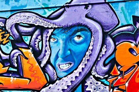 VARNA, BULGARIA - JUNE 5: Part of the eighty meters long graffiti painted on the breackwater wall at Port of Varna as part of the "Creatures from Black Sea" Sprite Graffiti Jam 2011 on June 5, 2011 in Varna, Bulgaria.のeditorial素材