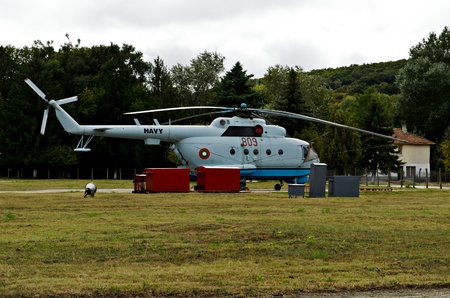 VARNA, BULGARIA - OCTOBER 9: Old submarine-locating and combat helicopter Mi-14 PL waiting to be replaced by the new Panther helicopters delivered by Eurocopter on October 9, 2011 in Varna, Bulgaria.のeditorial素材
