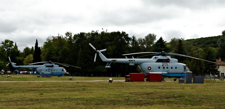 VARNA, BULGARIA - OCTOBER 9: Old submarine-locating and combat helicopter Mi-14 PL waiting to be replaced by the new Panther helicopters delivered by Eurocopter on October 9, 2011 in Varna, Bulgaria.のeditorial素材