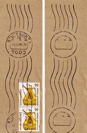GERMANY - CIRCA 1987: Two identical stamps printed in Germany, show bronze jug from Reinheim, circa 1987.のeditorial素材