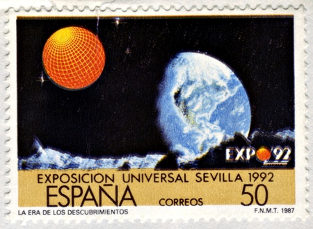 SPAIN - CIRCA 1992: A stamp dedicated to The Universal Exposition of Seville Expo '92 took place from April 20 to October 12, 1992 on La Isla de La Cartuja (Cartuja Island), Seville, Spain, circa 1992のeditorial素材