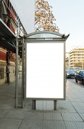 Empty white billboard at bus stopの写真素材