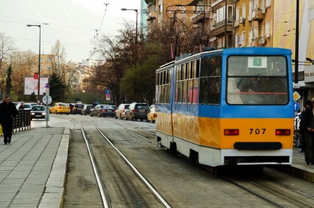 SOFIA, BULGARIA - APRIL 03: Typical Eastern Europe tram on April 03, 2012 in Sofia, Bulgaria. Sofia is the only city using trams for public transport. The Tram network comprises 15 urban lines.のeditorial素材