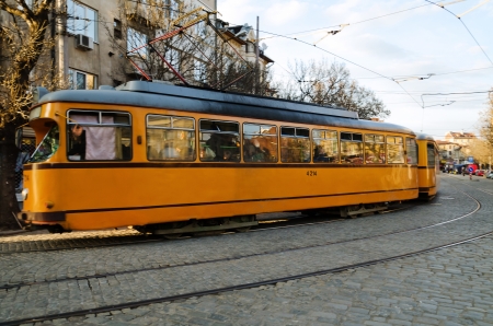 SOFIA, BULGARIA - APRIL 03: Typical Eastern Europe tram on April 03, 2012 in Sofia, Bulgaria. Sofia is the only city using trams for public transport. The Tram network comprises 15 urban lines.のeditorial素材