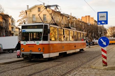SOFIA, BULGARIA - APRIL 03: Typical Eastern Europe tram on April 03, 2012 in Sofia, Bulgaria. Sofia is the only city using trams for public transport. The Tram network comprises 15 urban lines.のeditorial素材
