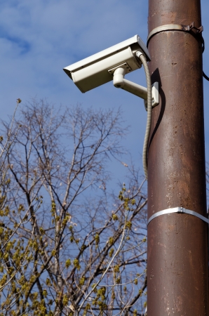Surveillance camera mounted on a post looking down の写真素材