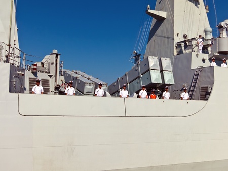 VARNA, BULGARIA - AUG 05: Navy frigate \"Yantai\" of the 11th Chinese naval escort flotilla is to make a five-day first-time ever goodwill visit on August 05, 2012 in Varna, Bulgaria.のeditorial素材