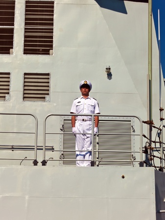 VARNA, BULGARIA - AUG 05: Navy frigate \"Yantai\" of the 11th Chinese naval escort flotilla is to make a five-day first-time ever goodwill visit on August 05, 2012 in Varna, Bulgaria.のeditorial素材