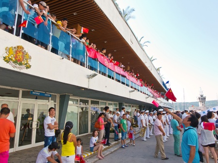 VARNA, BULGARIA - AUG 05: Navy frigate "Yantai" of the 11th Chinese naval escort flotilla is to make a five-day first-time ever goodwill visit on August 05, 2012 in Varna, Bulgaria.のeditorial素材