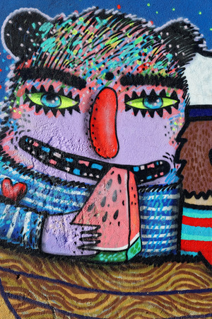 Varna, BULGARIA - December 14, 2014: Street art by unknown artist of a colorful creature close to Port of Varna.のeditorial素材