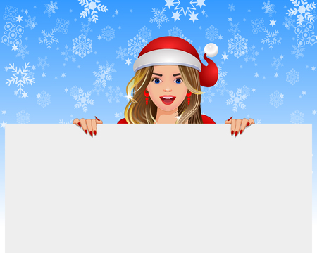 Surprised Santa Girl with board in Snowflake Backgroundのイラスト素材