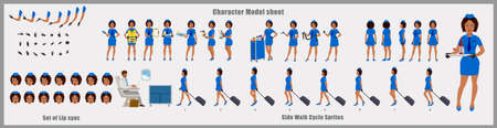 African American Stewardess Character Design Model Sheet with walk cycle animation.のイラスト素材