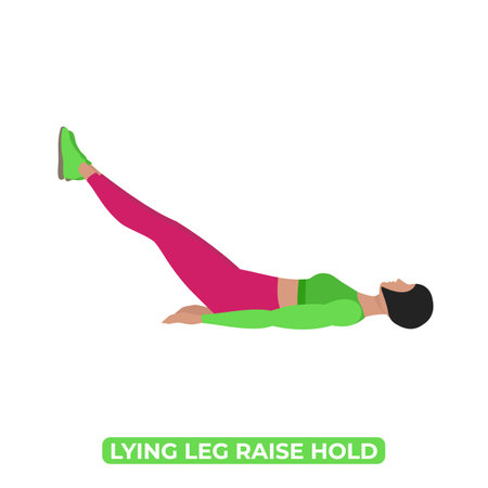 Vector Woman Doing Lying Leg Raise Hold. Straight Leg Hold. Bodyweight Fitness ABS and Core Static Exercise. An Educational Illustration On A White Background.のイラスト素材