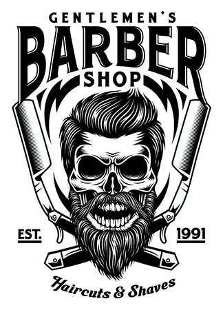 Vintage Bearded Barber Skull With Crossed Razorsのイラスト素材