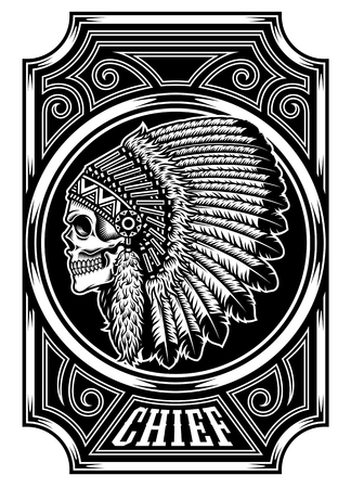 Native American Indian Chief Skull in Black and Whiteのイラスト素材