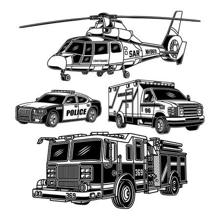 Emergency Vehicles Collection In Black And Whiteのイラスト素材