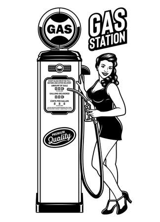 Vintage Pin Up Girl Gas Station Vector Illustrationのイラスト素材