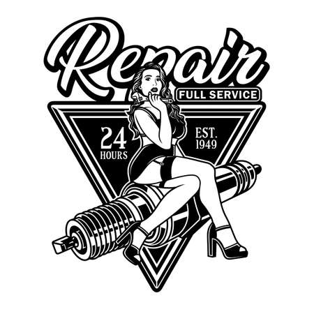 Spark Plug Pin Up Girl Hold Wrench Vector Illustrationのイラスト素材