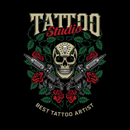 Tattoo Studio Emblem with Skull and Tattoo Machinesのイラスト素材