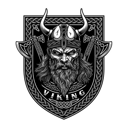 Viking Warrior Head Wearing Helmet And Axes Vector Graphicのイラスト素材
